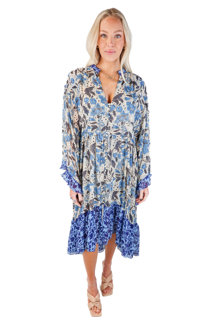misa blue button front floral dress (xs)