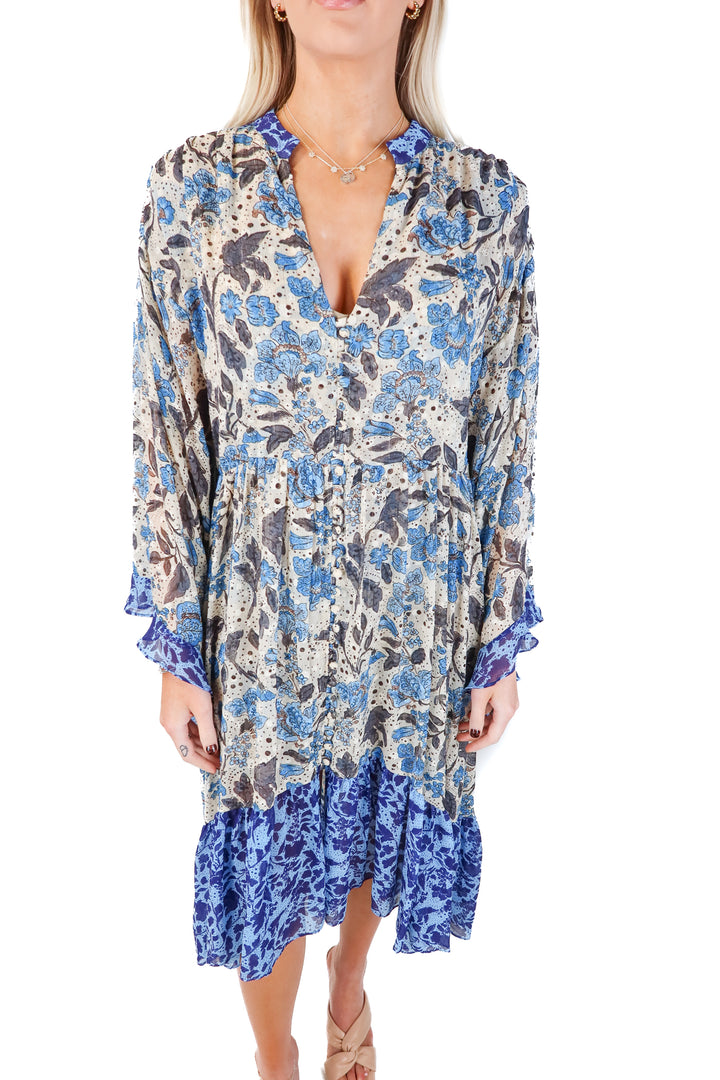 misa blue button front floral dress (xs)