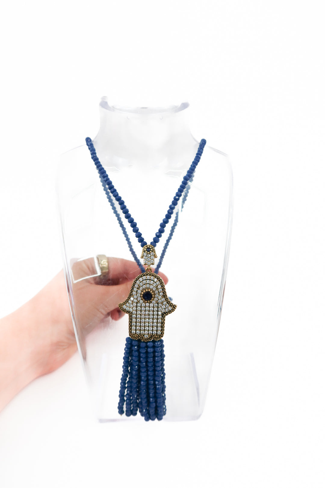 blue beaded/rhinestone long necklace