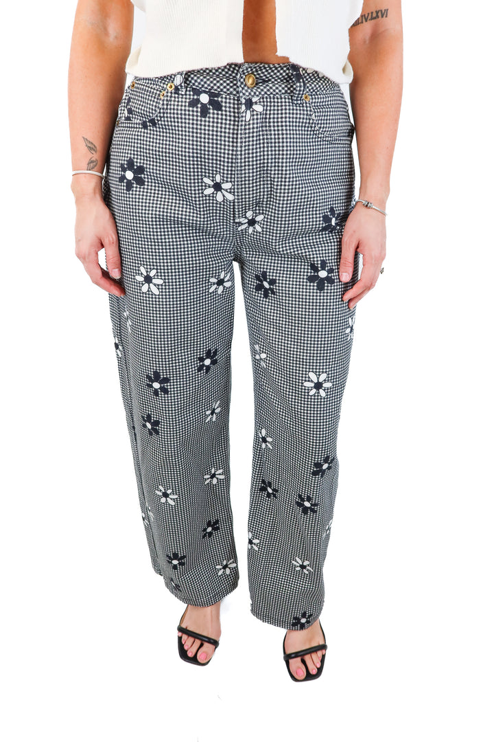 Heavy manners Black & white gingham floral jeans (*26; retails for $330)