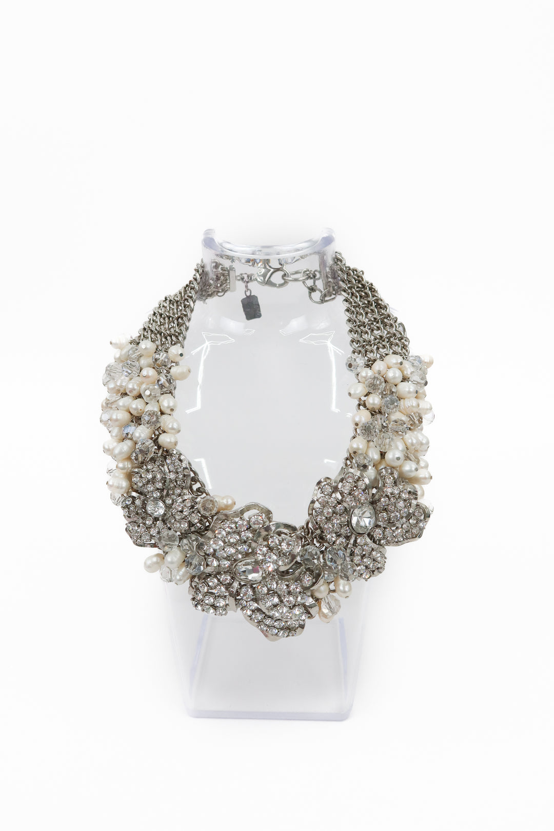 badgley mischka diamond/pearl floral statement necklace