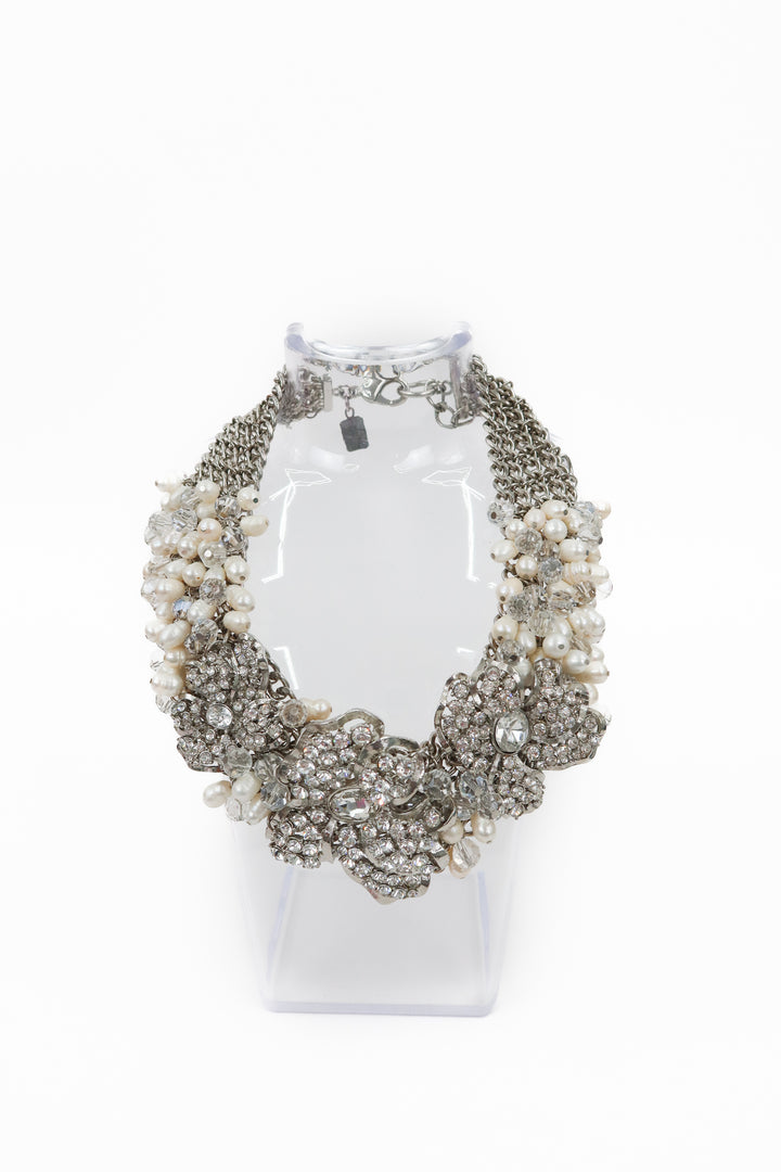 badgley mischka diamond/pearl floral statement necklace