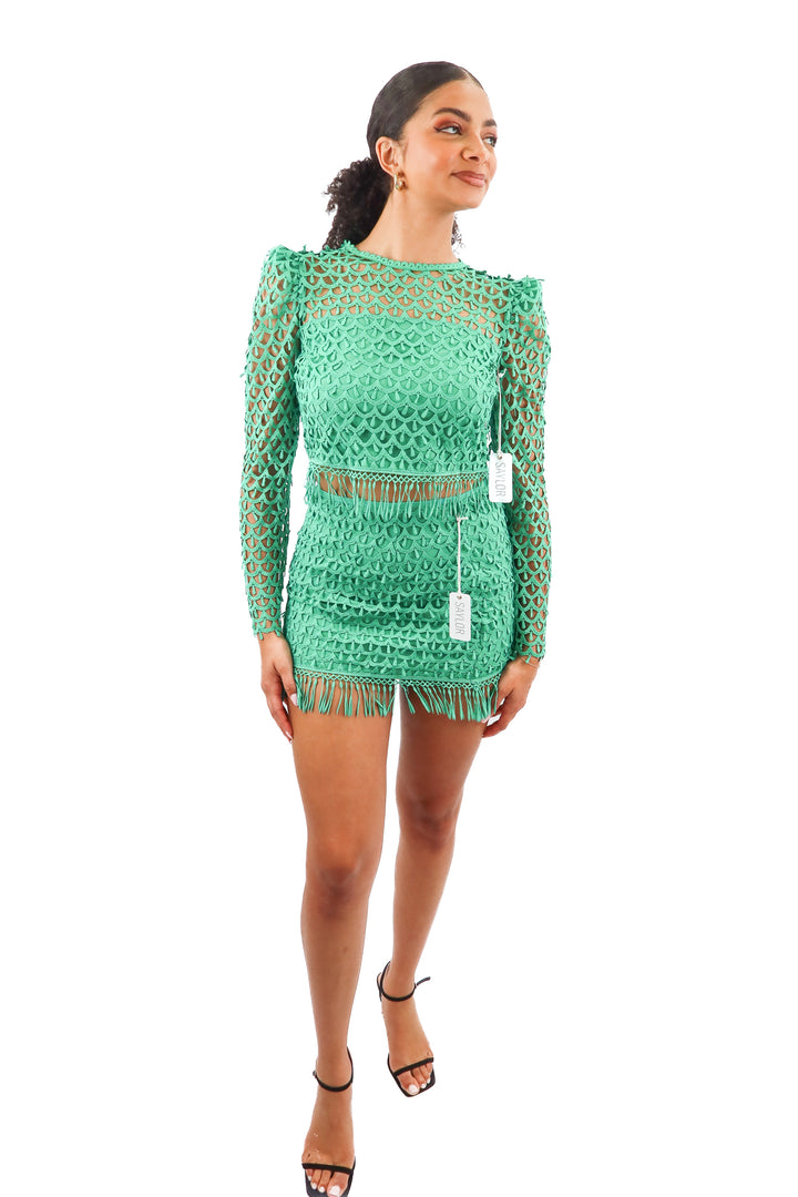 saylor green embroidery mini skirt set NWT (s; retail $135)