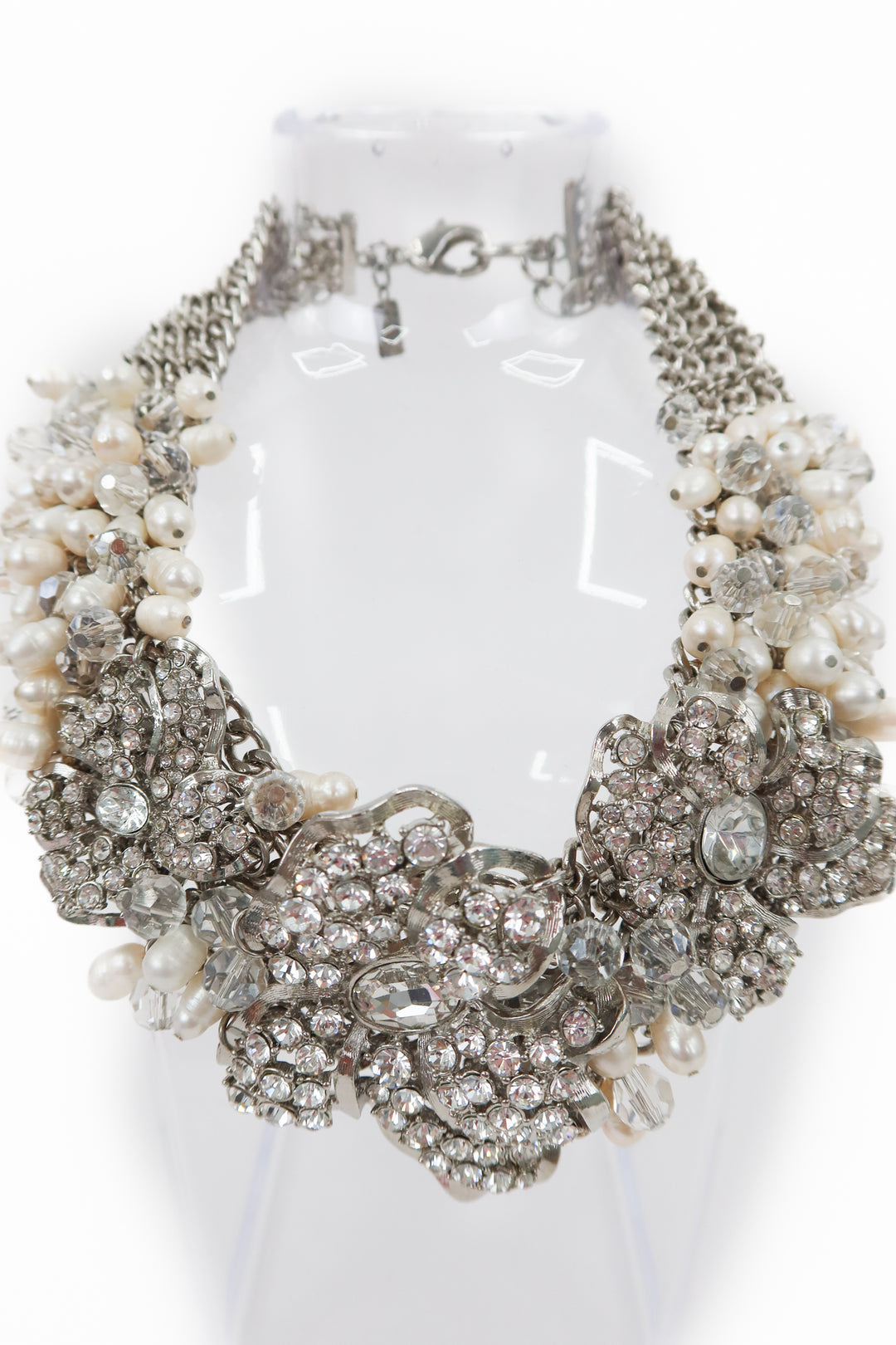 badgley mischka diamond/pearl floral statement necklace