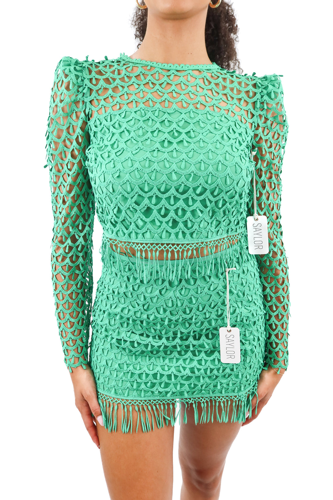saylor green embroidery mini skirt set NWT (s; retail $135)