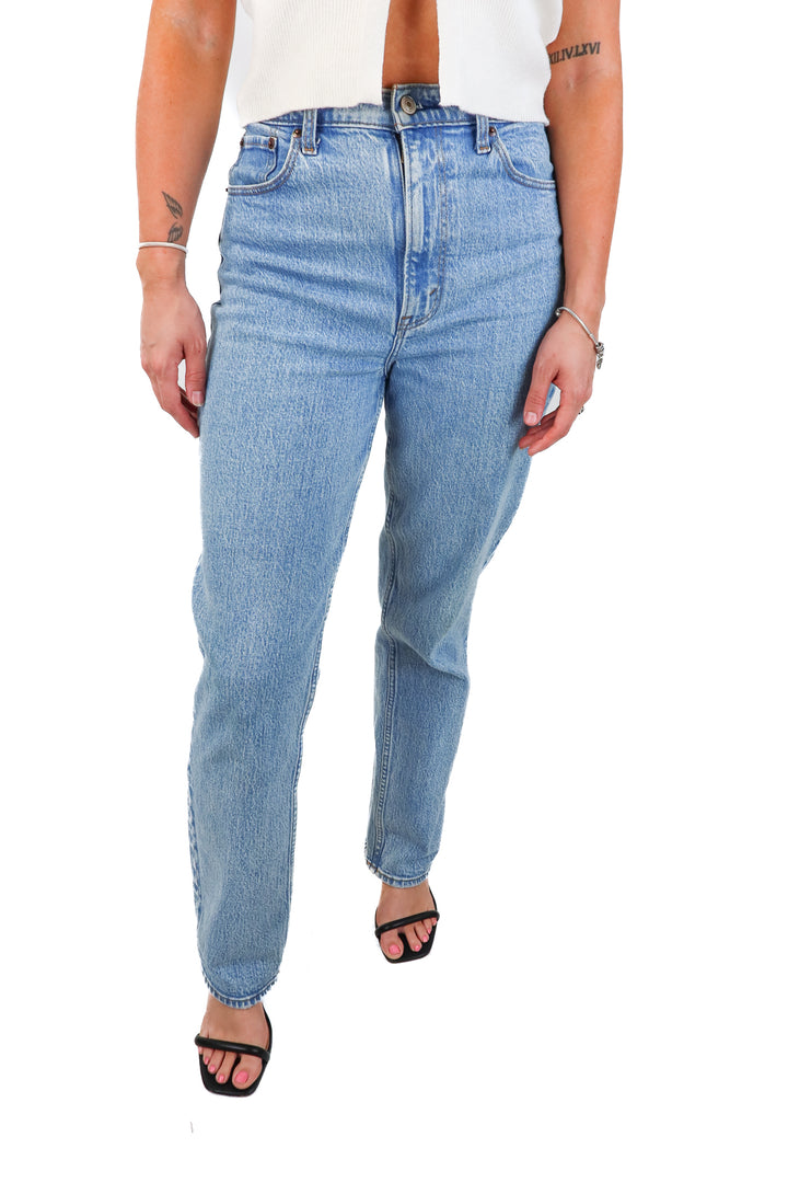abercrombie & fitch straight ultra high rise light wash jeans (27R; retail $90)
