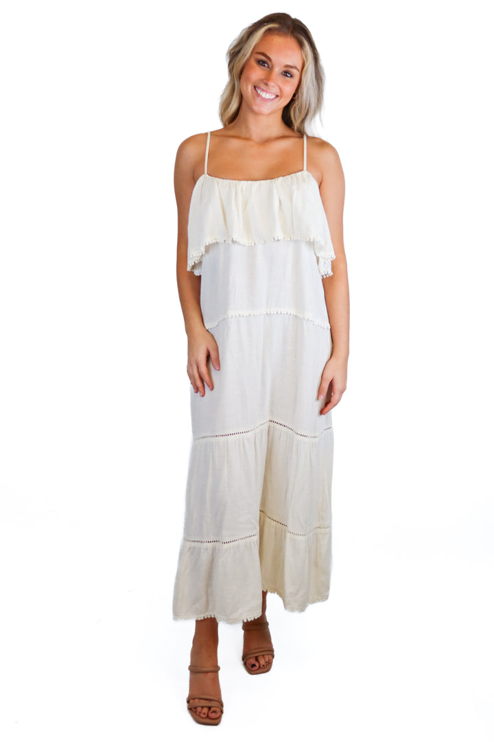 Show Me Your Mumu Cream Tiered Midi Dress (S; retail $178)