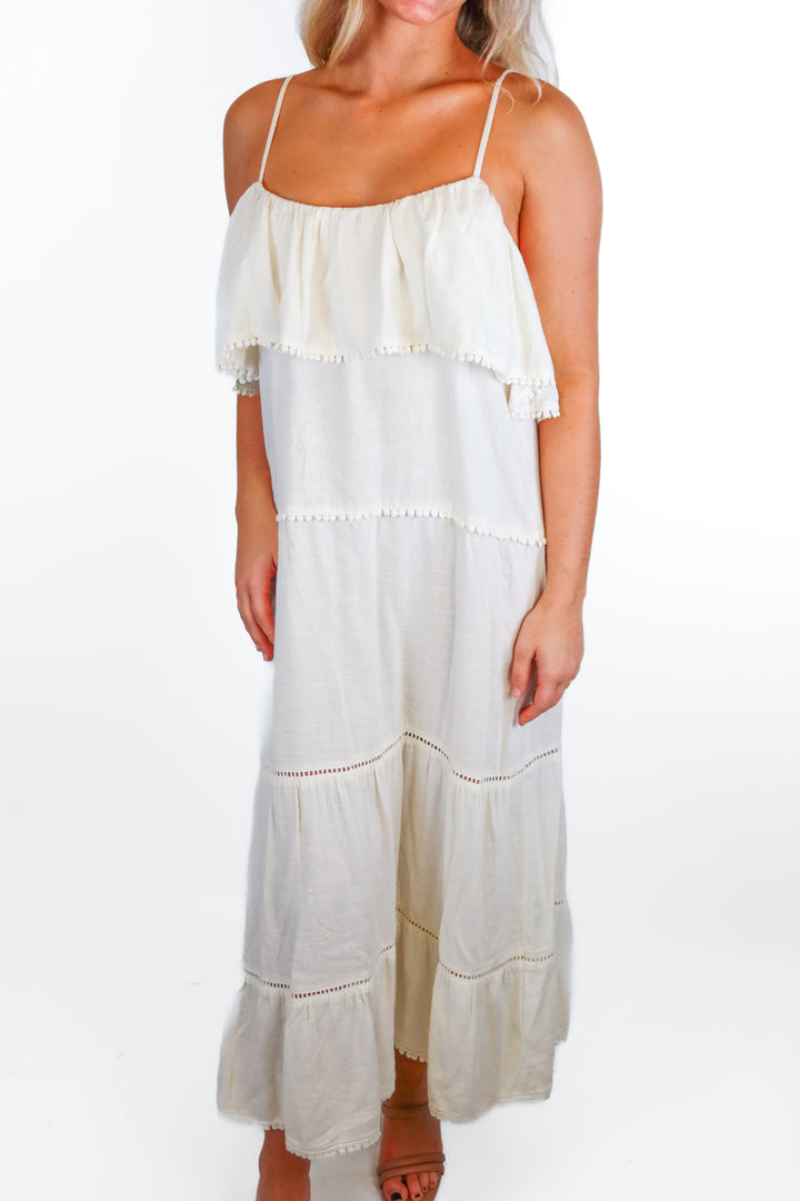 Show Me Your Mumu Cream Tiered Midi Dress (S; retail $178)