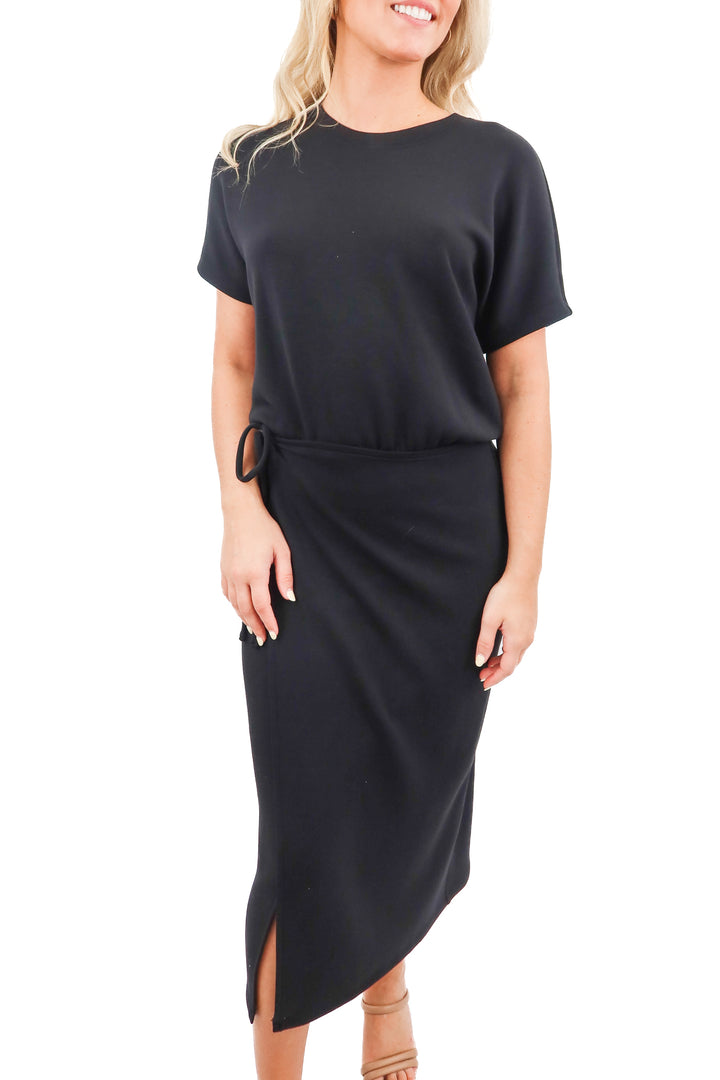 spanx black shortsleeve faux wrap midi dress NWT (S)