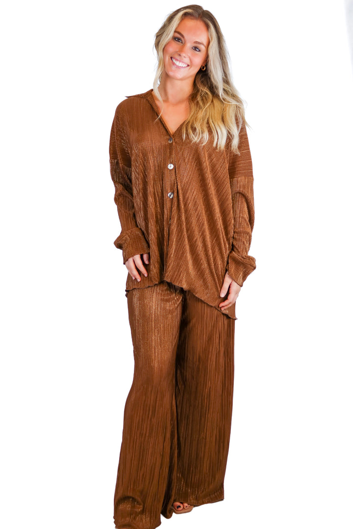 Show Me Your Mumu Brown and Gold Sparkly Set (S; retail $250)