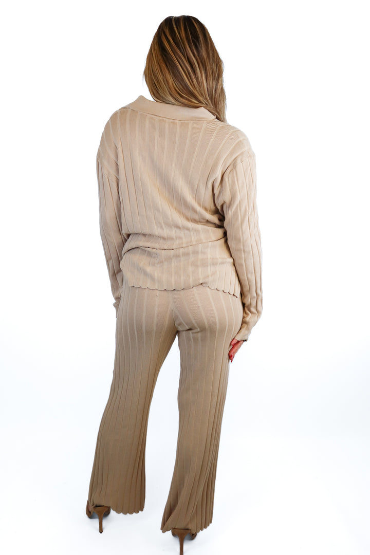 Miss Love Tan Textured Stripe Sweater & Pant Set (M)