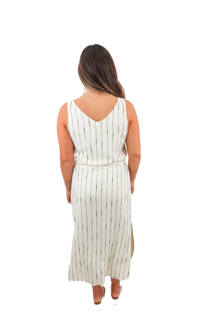 white/black striped linen maxi dress (s)