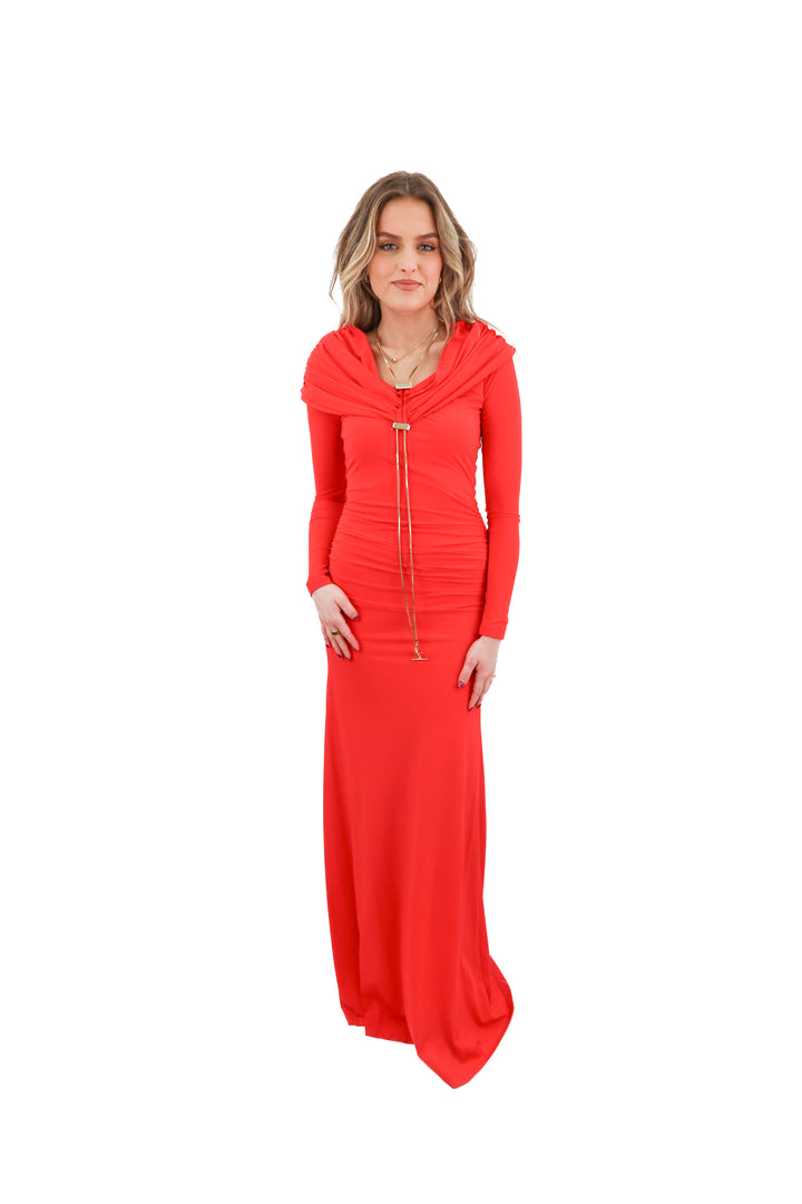 daname red cowl neck long sleeve maxi dress NWT (34; retail $595)