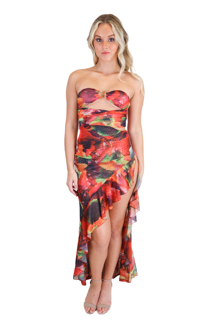 outcast strapless tropical ruffle maxi dress NWT (S; retail $99)