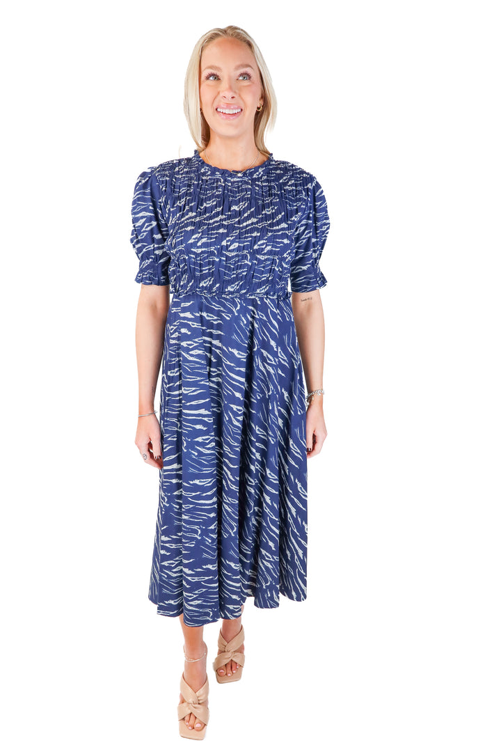 apiece apart blue smocked printed dress (xs; retail $495)