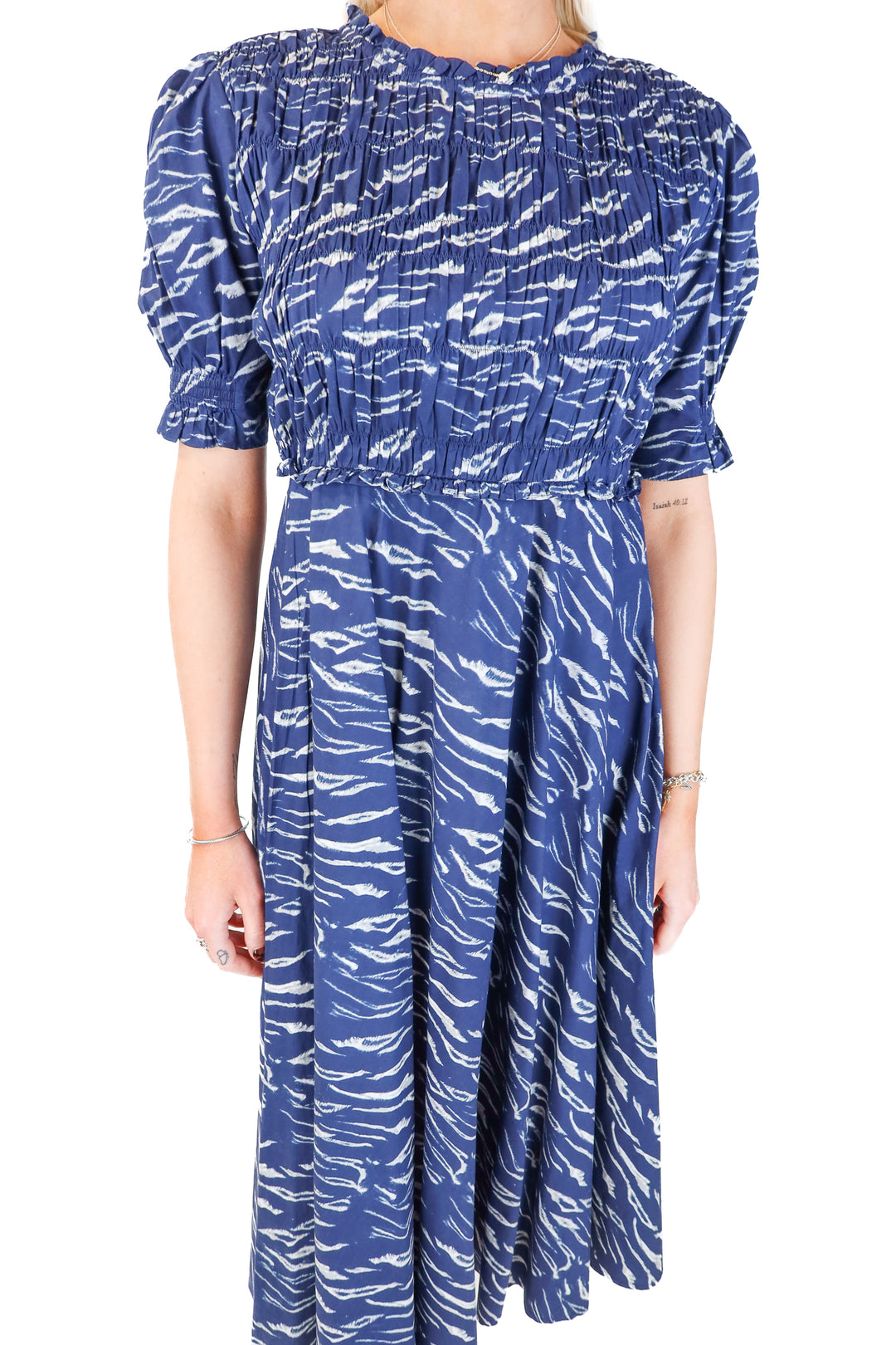apiece apart blue smocked printed dress (xs; retail $495)