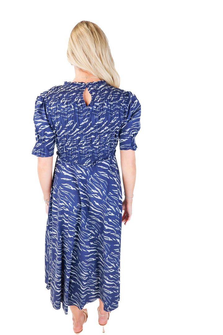 apiece apart blue smocked printed dress (xs; retail $495)