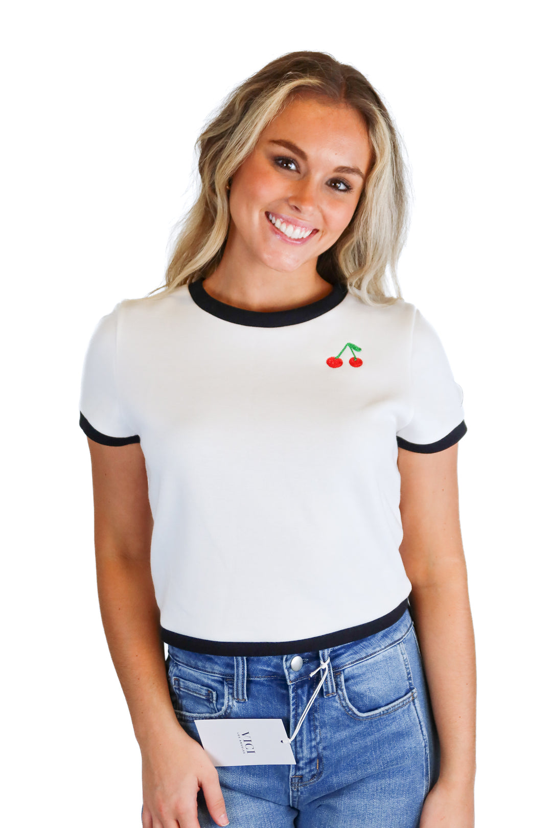 Alice + Olivia White/Black Cherry Embroidered Cropped Top (L; retail $135)