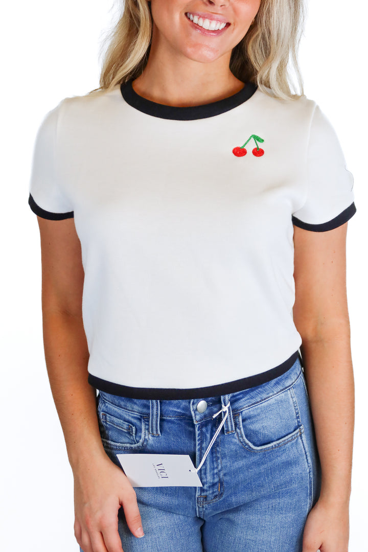 Alice + Olivia White/Black Cherry Embroidered Cropped Top (L; retail $135)