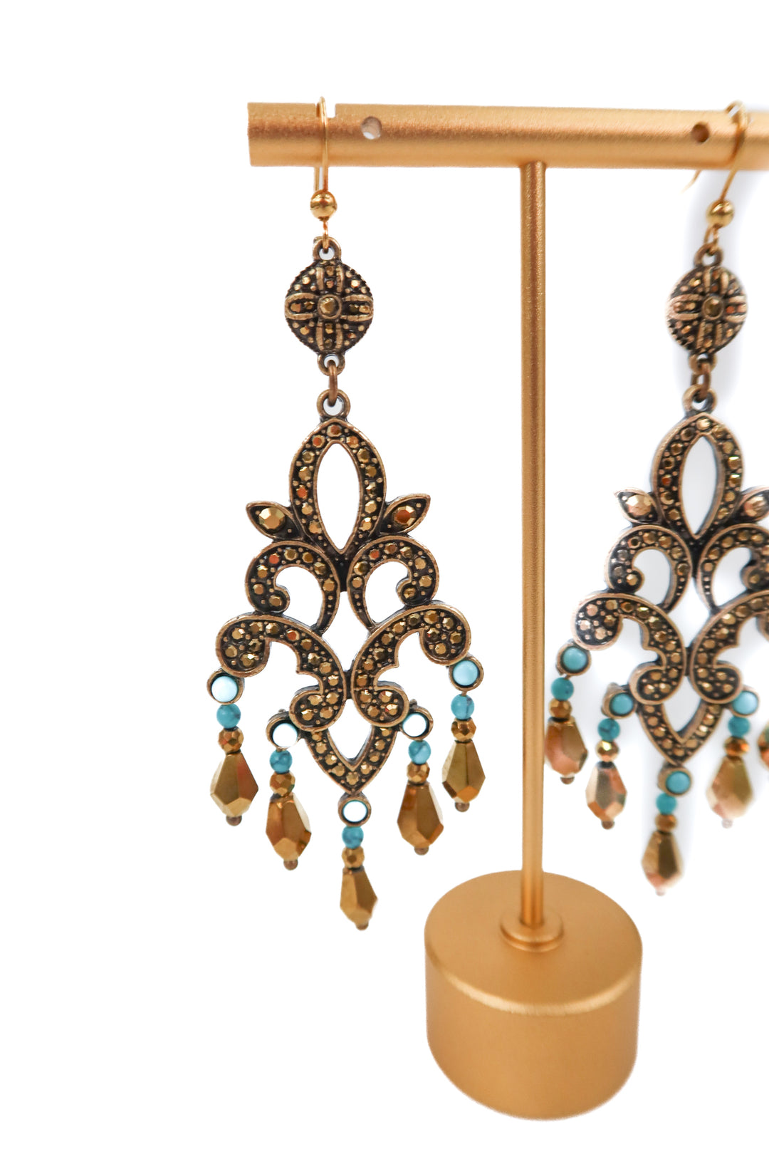 gold/teal dangle earrings