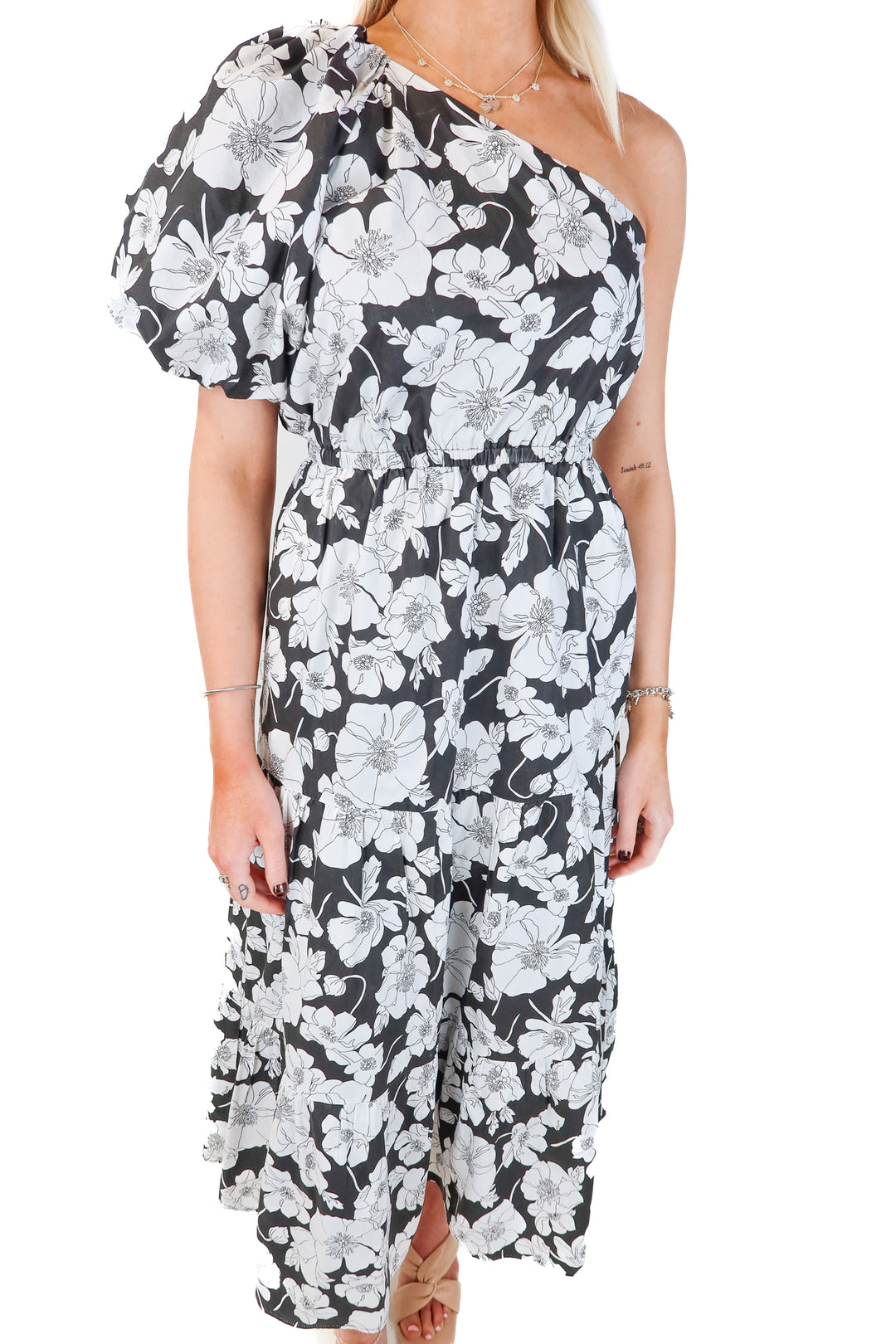 SOLD: hyacinth house black/white floral one shoulder dress (xs)