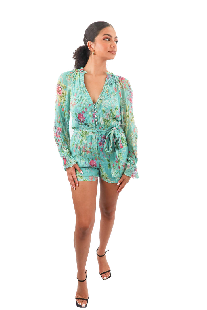 hemant & nandita teal floral plisse romper (m; retail $298)