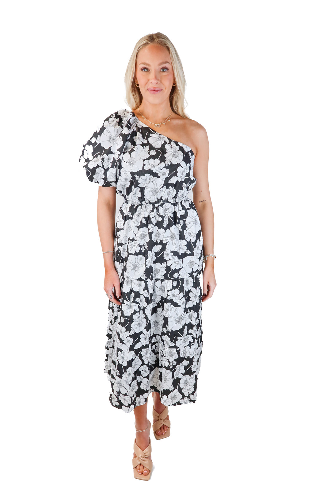 SOLD: hyacinth house black/white floral one shoulder dress (xs)