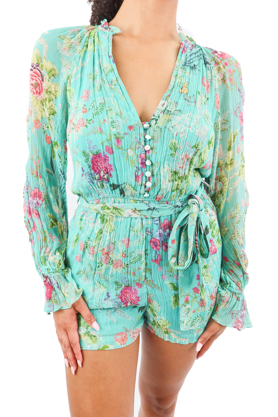 hemant & nandita teal floral plisse romper (m; retail $298)