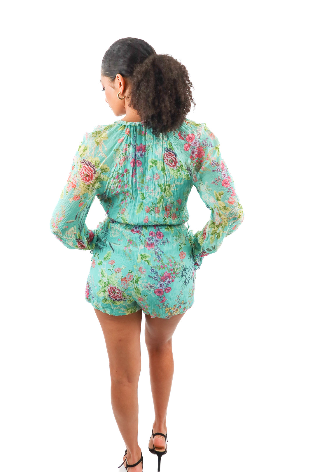 hemant & nandita teal floral plisse romper (m; retail $298)