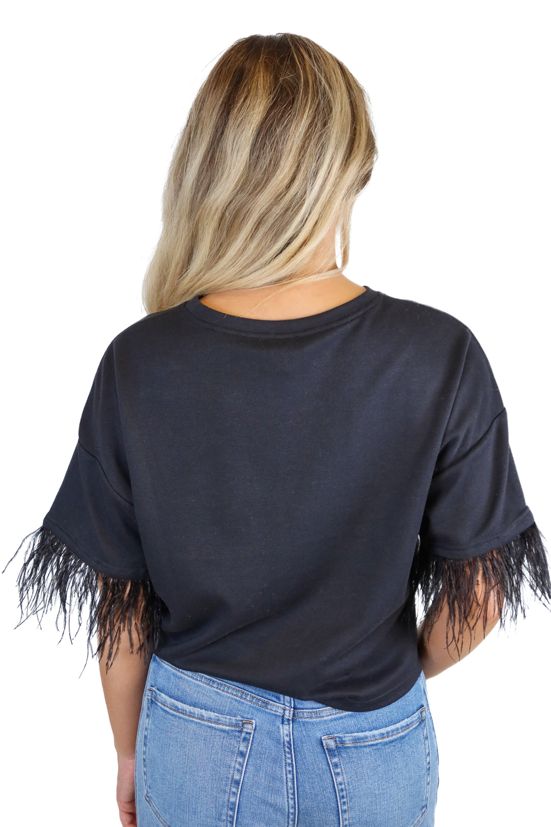 lucy paris black short sleeve feather top (s; retail $90)