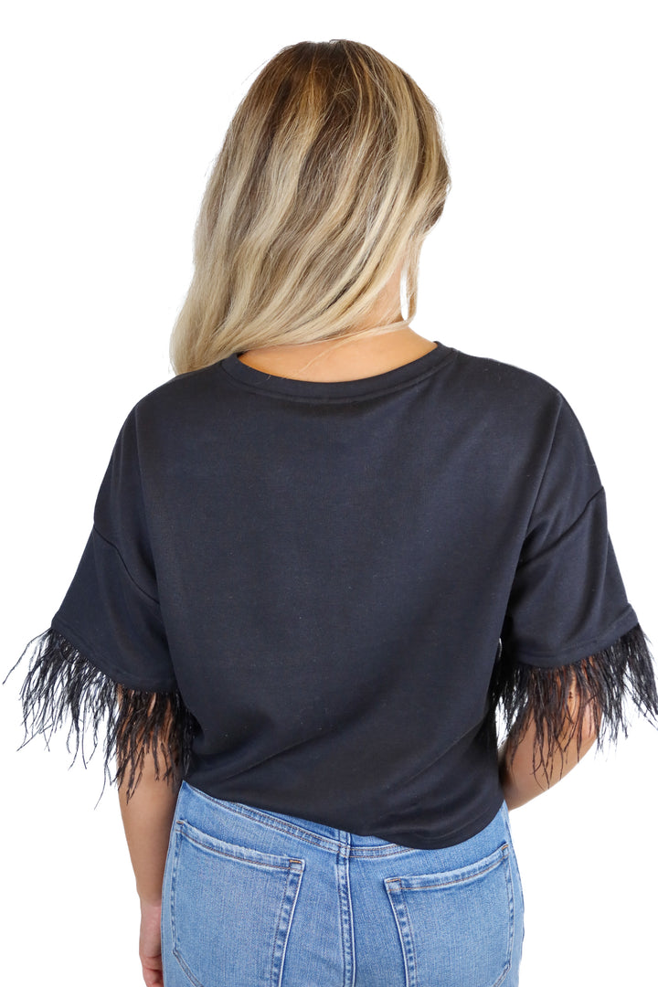 lucy paris black short sleeve feather top (s; retail $90)