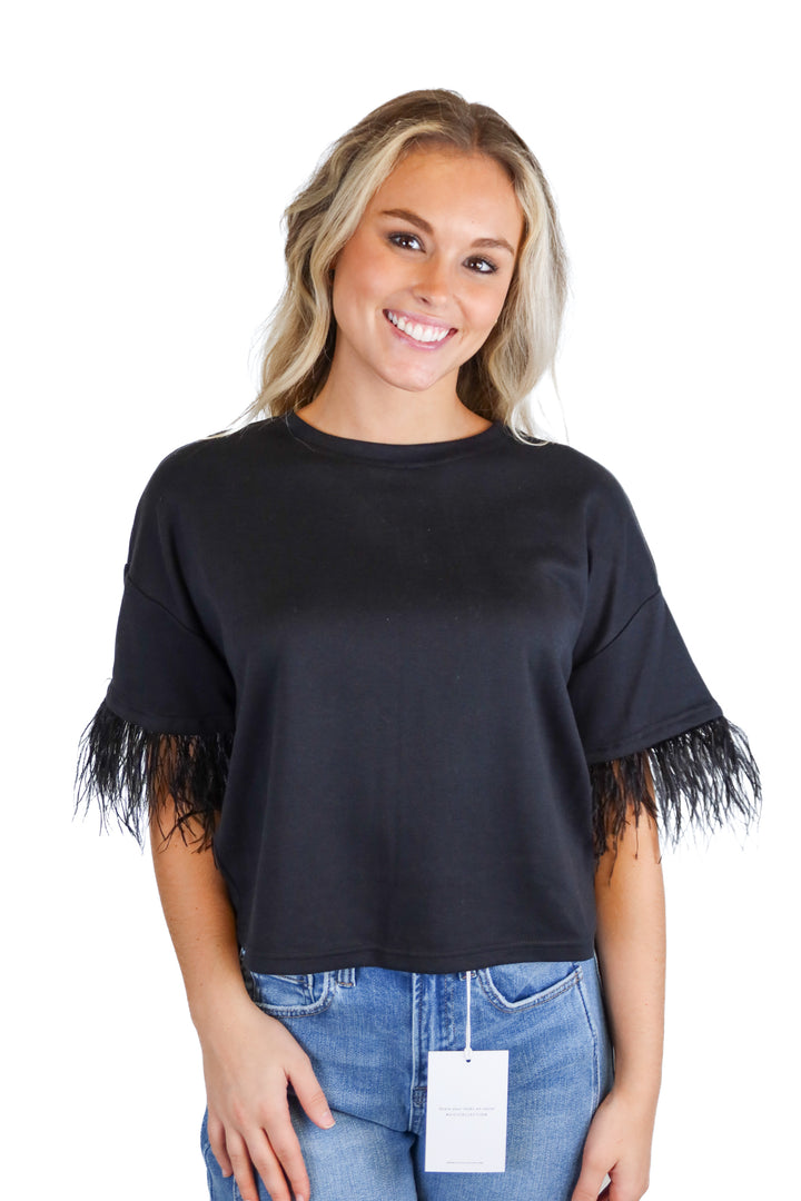 lucy paris black short sleeve feather top (s; retail $90)