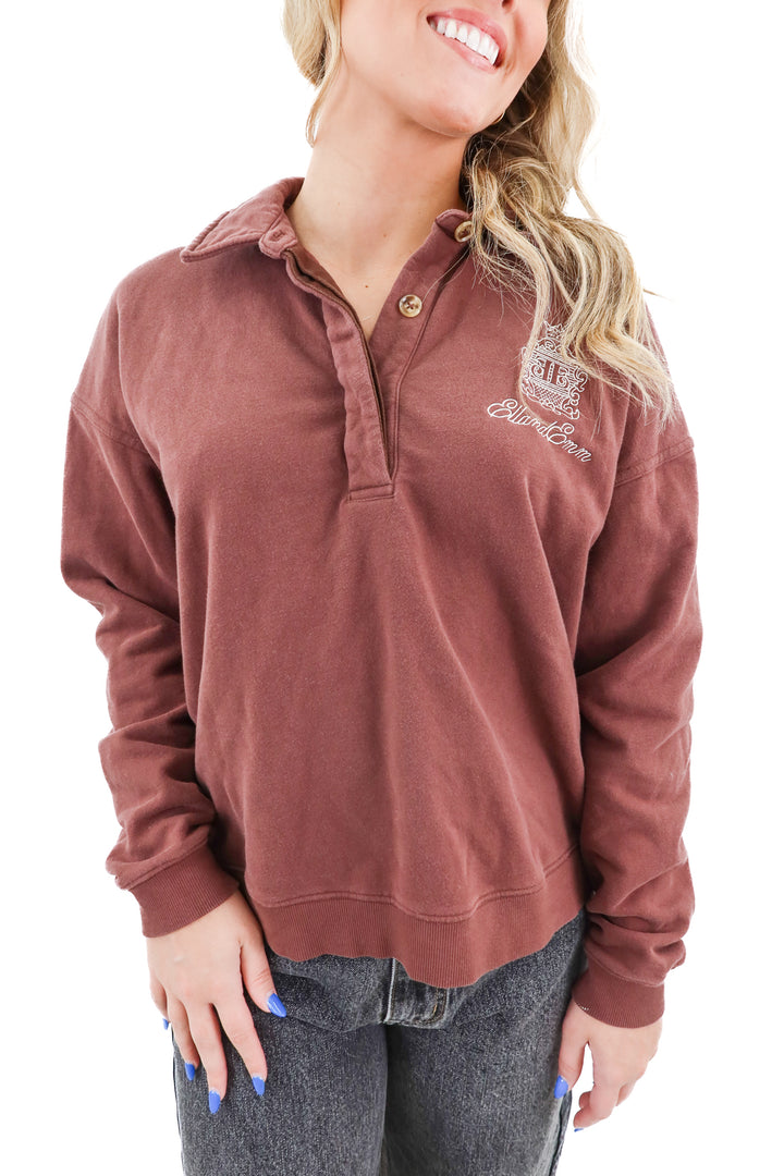 ellandemm brown pullover collared sweatshirt (S/M; retail $78)