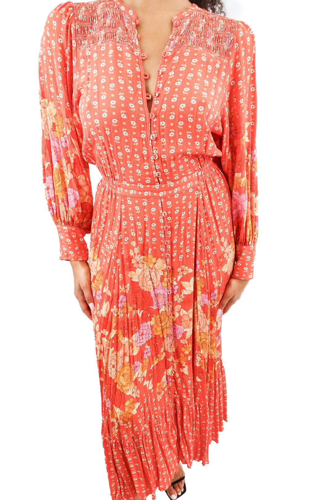 spell orange floral maxi dress (m; retail $298)