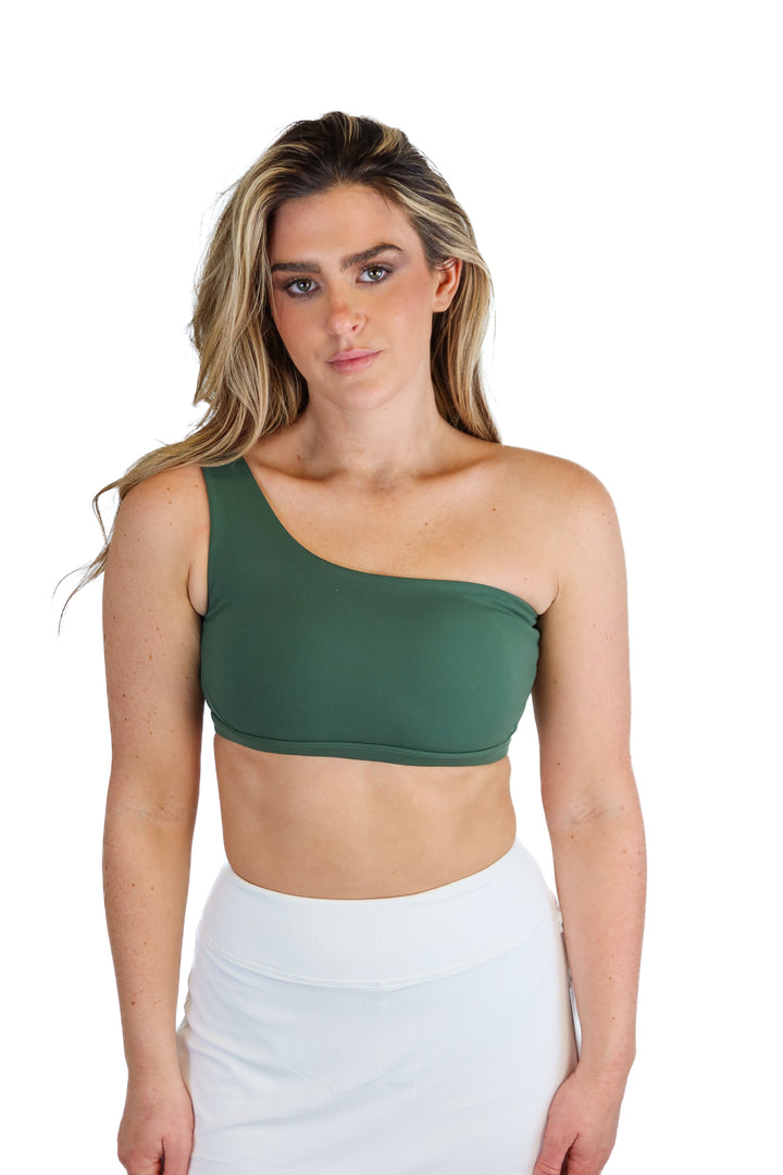 Acta dark green one shoulder sports bra NWT (S; retail $34)