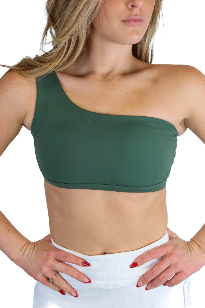 Acta dark green one shoulder sports bra NWT (S; retail $34)