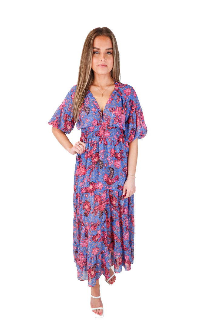misa blue/pink deep v floral maxi dress (XS; retail $410)*