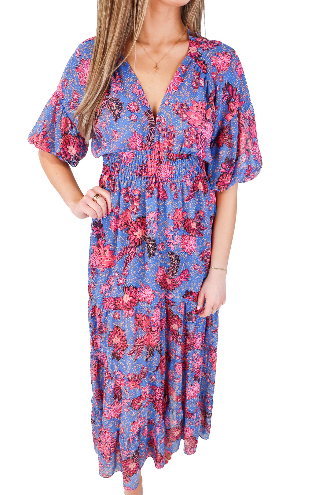 misa blue/pink deep v floral maxi dress (XS; retail $410)*