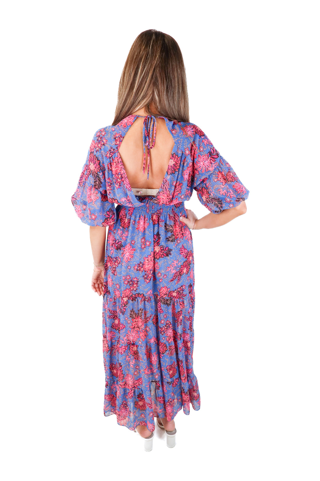 misa blue/pink deep v floral maxi dress (XS; retail $410)*
