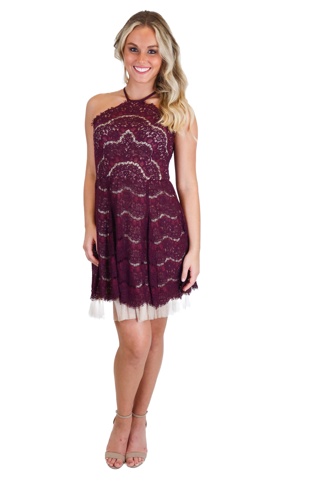 francescas dark purple lace halter dress (M)