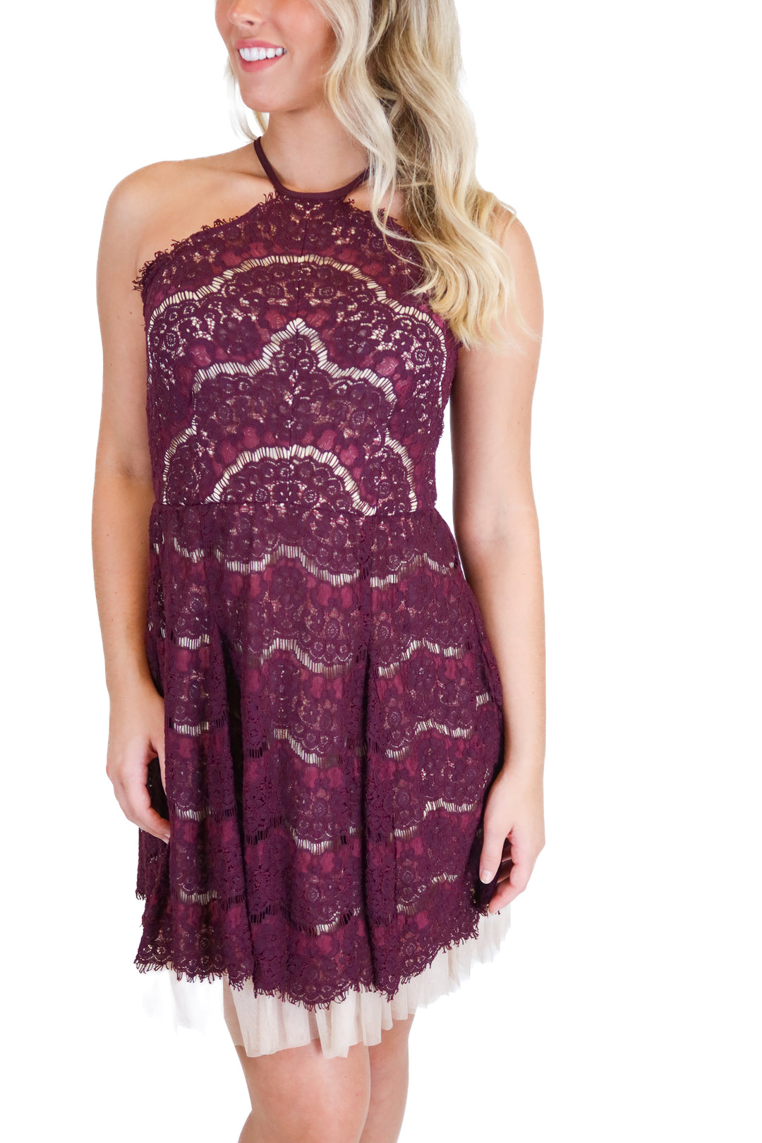francescas dark purple lace halter dress (M)
