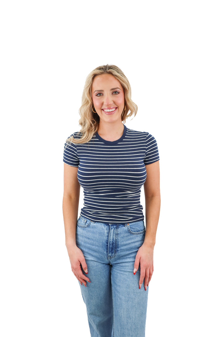 abercrombie & fitch blue striped baby tee (XS; retail $25)