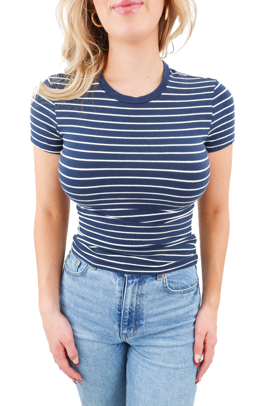 abercrombie & fitch blue striped baby tee (XS; retail $25)