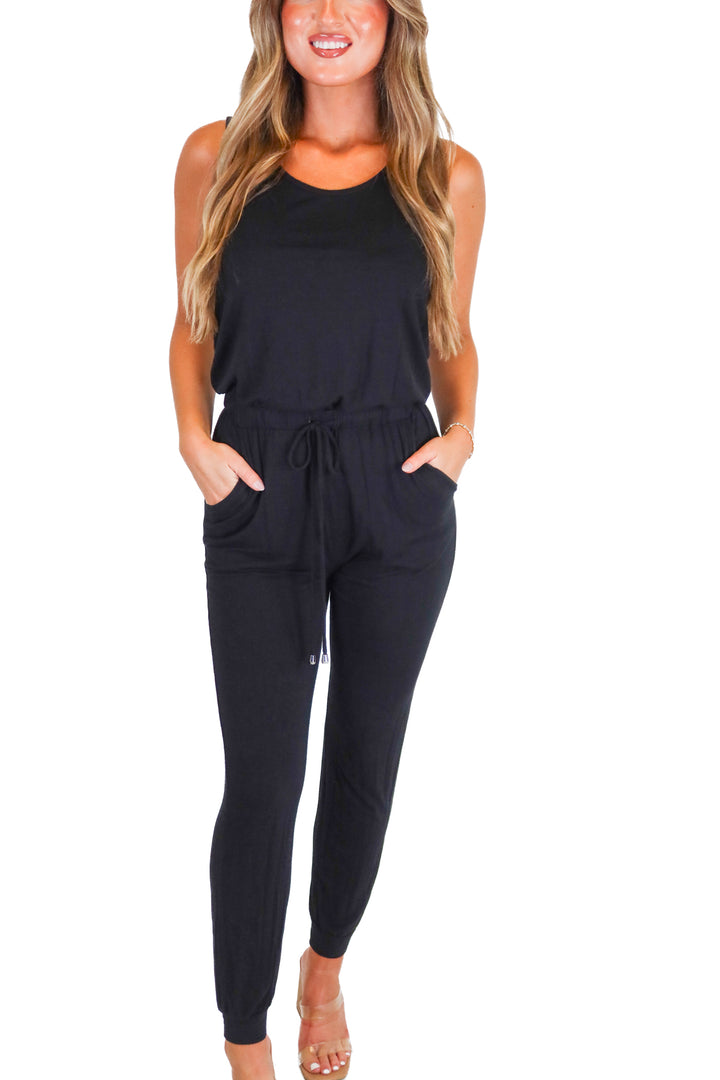 pink lily black jumpsuit (s)