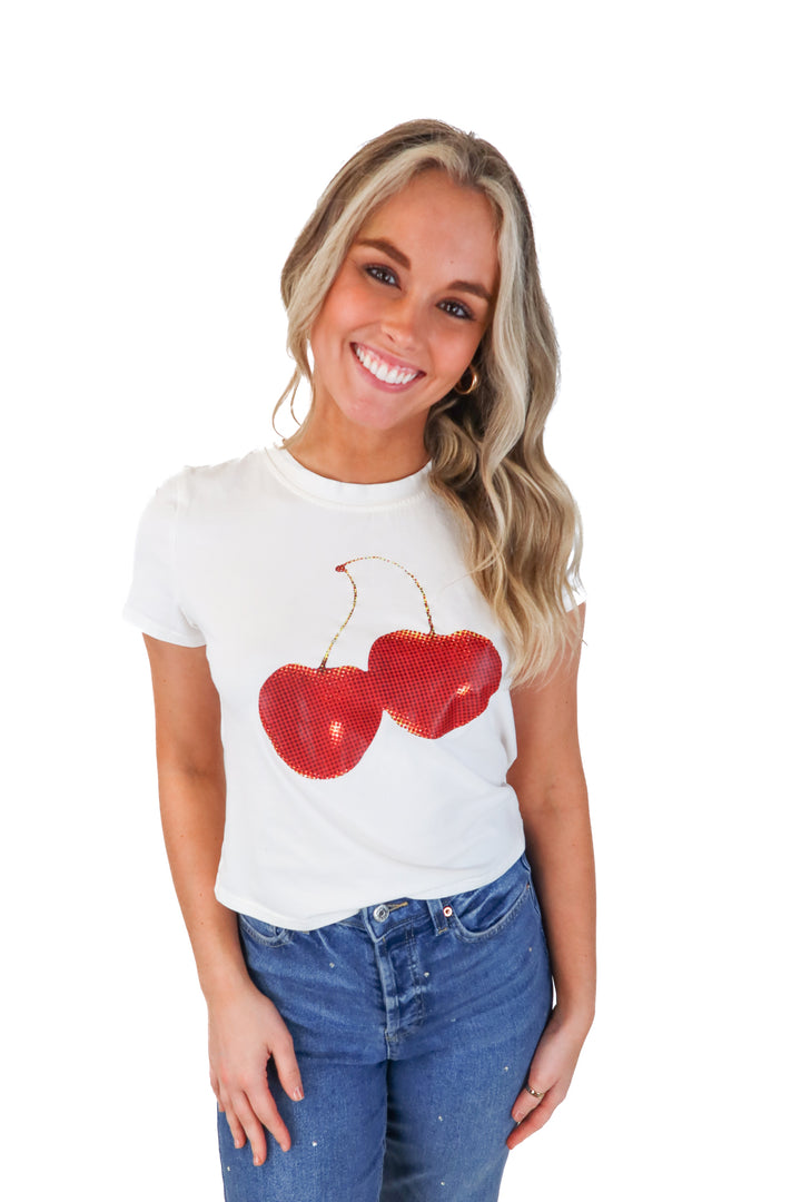 White cherry graphic baby tee NWOT (S)