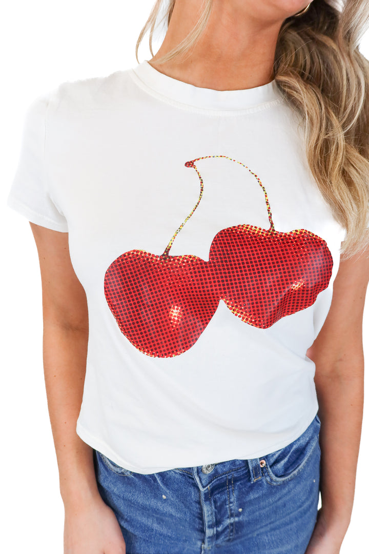 White cherry graphic baby tee NWOT (S)