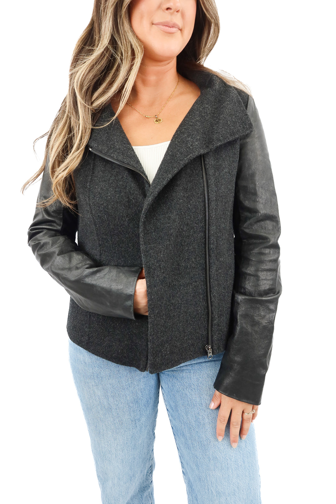 vince grey wool/leather jacket (L; retail $798)