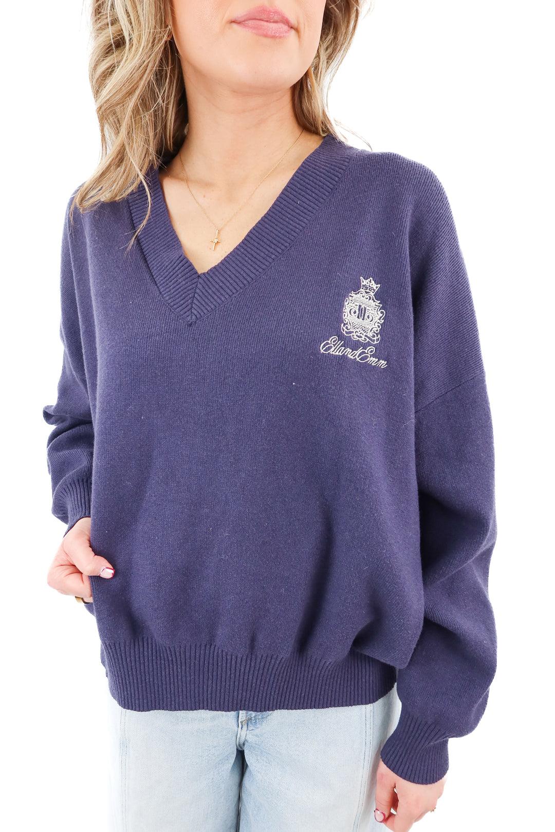 ellandemm navy vneck sweater (s/m; retail $78)