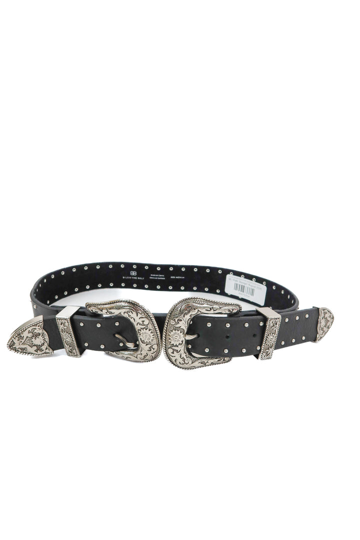 b-low the belt black/silver studded double buckle belt (m)
