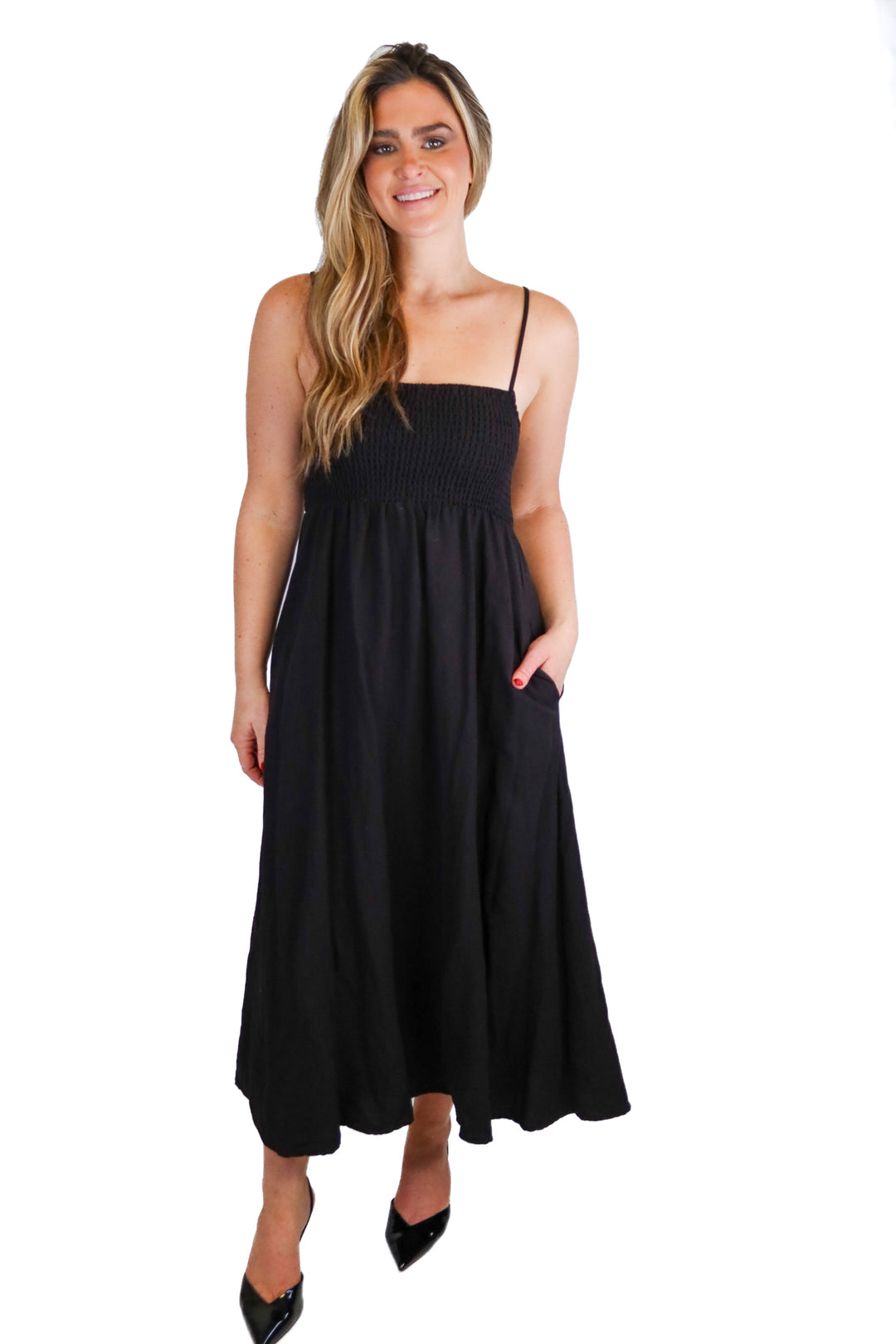 Z Supply black smocked bust midi dress (S; retail $99)